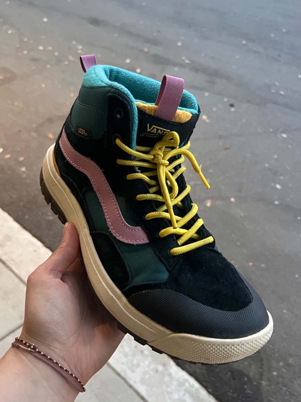 Vans High-Top Sneaker in Black, Teal, Pink & Yellow All Weather
